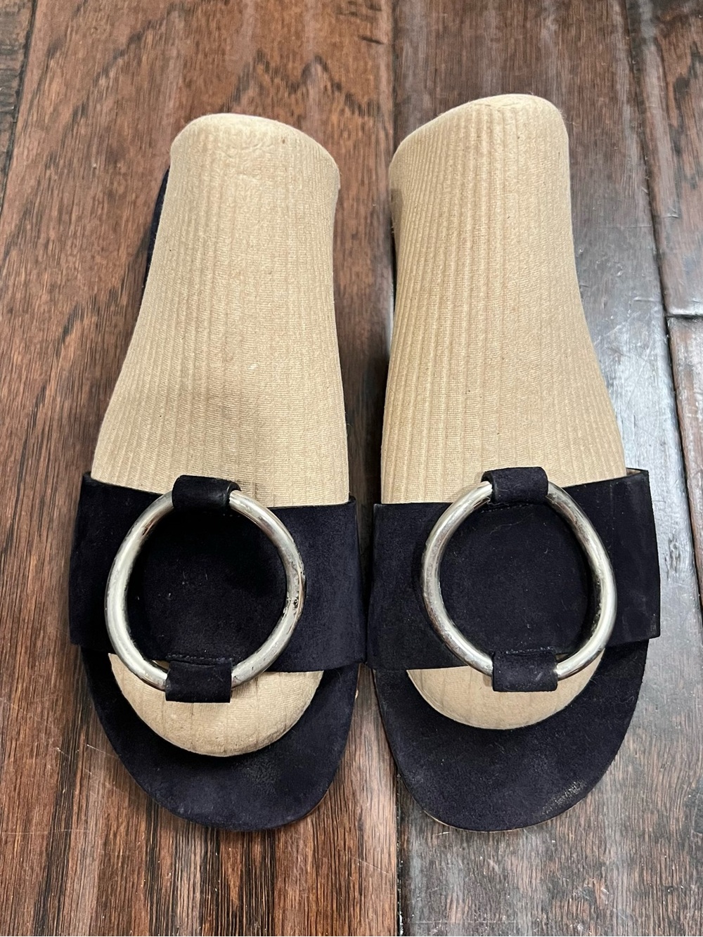 Theory Black Suede Slide Mules with Silver Ring Detail